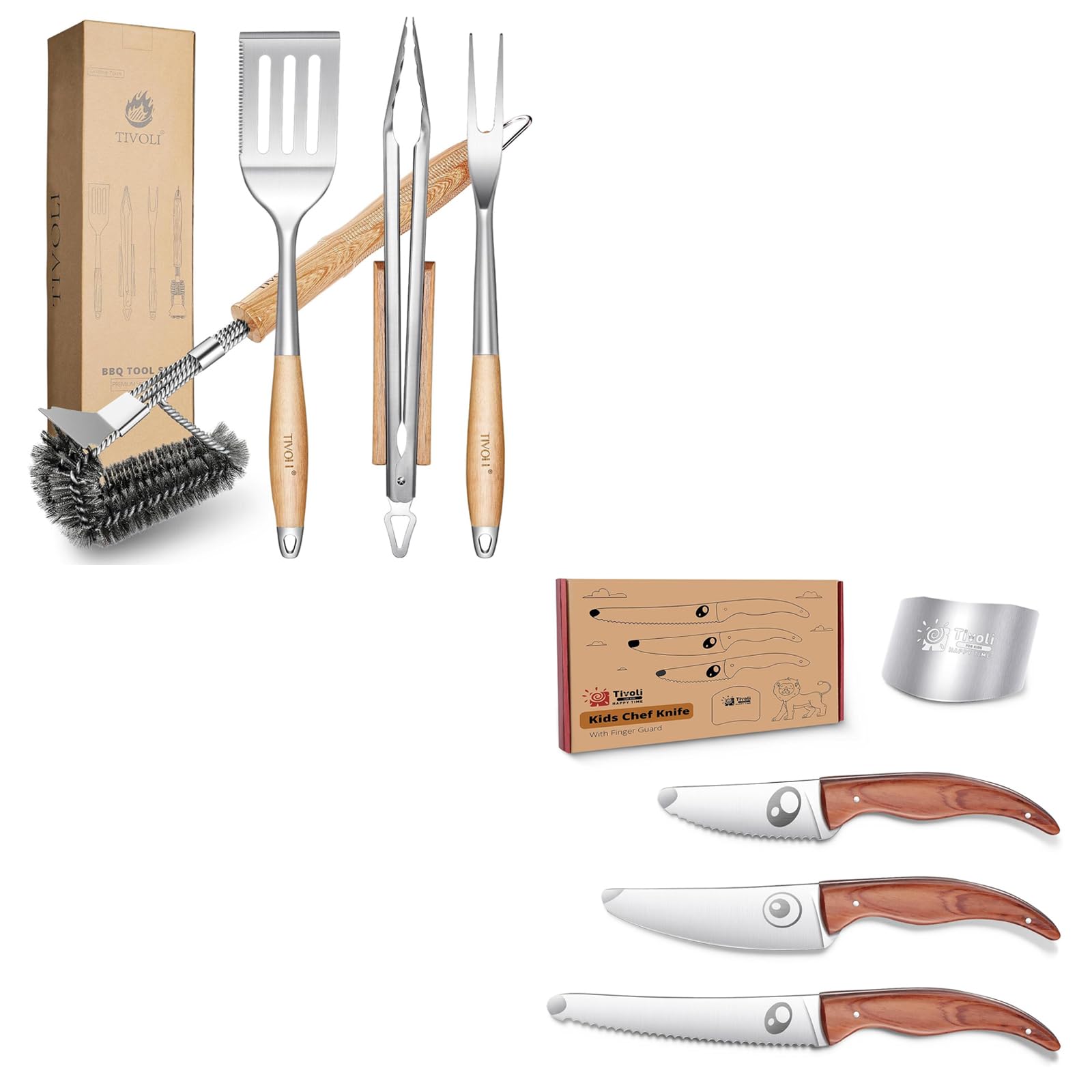 TIVOLI 4-teiliges Grillbesteck-Set mit sicheren Holzgriffen, inklusive Gril | Scharfe Klinge für präzises Schneiden; ergonomischer Griff für komfortables Kochen; geeignet als Geschenk für Küchenliebhaber