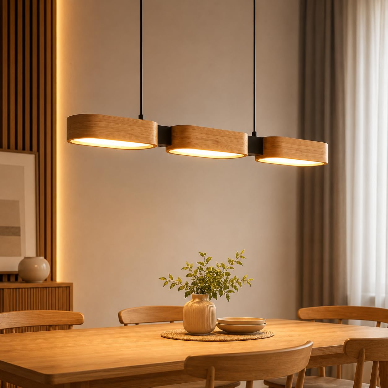LED Pendelleuchte Holz für Esstisch, Esszimmerlampe 3-Flammig Dimmbar mit Fernbedienung, Moderne Hängeleuchte für Küche, Esszimmer & Wohnzimmer, 25W 2500lm, 3000–6500K, Timer & Memory Funktion