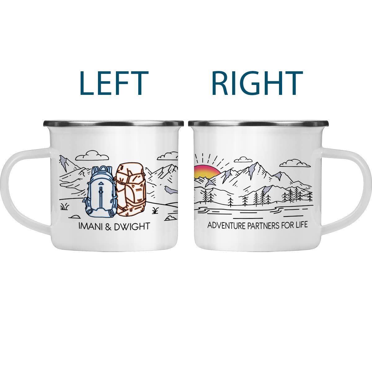 Camping Mug Enamel. Custom Name Ceramic Campfire Coffee Mug. Personalized Wedding Engagement Camp Cup, Christmas Gift for Couple Friend Husband Wife (Backpack Adventure)