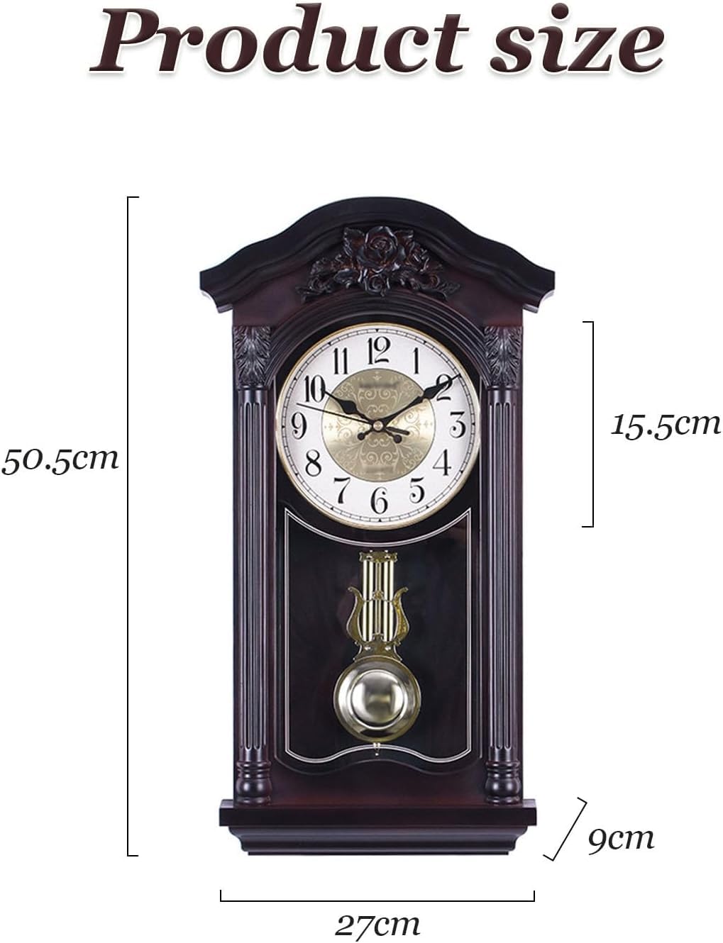 Reloj de pared con péndulo, acabado de caoba con campanillas cada hora para sala de estar, oficina, decoración del hogar