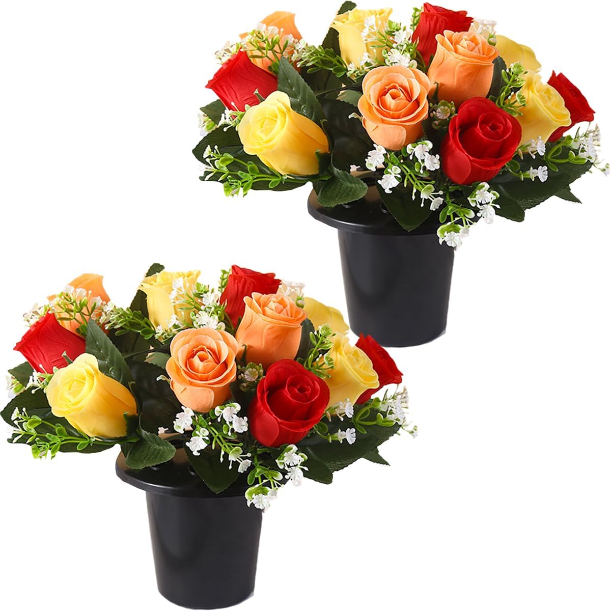 Etomvoop Red 2Pcs Artificial Grave Flowers In Pot 12 Heads Yellow Silk Cemetery Rose Flower Outdoor Uv Resistant Fake Funeral Floral For Memorial Graveside Christmas Home Decoration