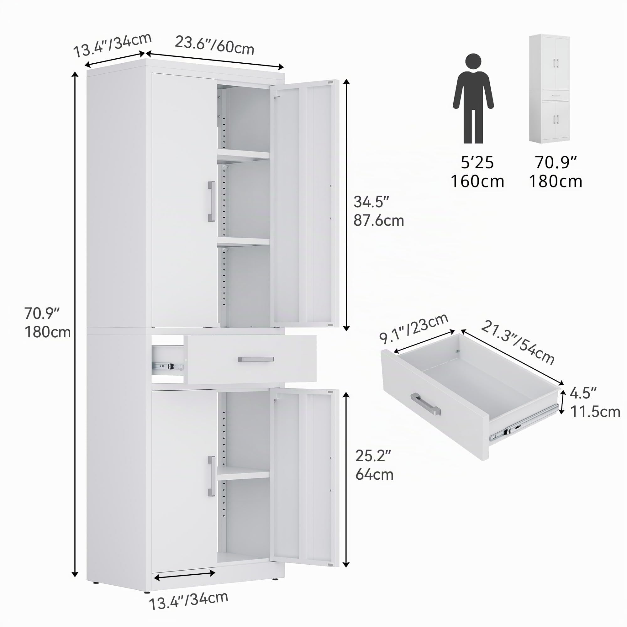 YITAHOME Armario archivador con Cerradura con 3 estantes Ajustables para Oficina, Cocina, Garaje, 180 x 60 x 34D, Color Blanco