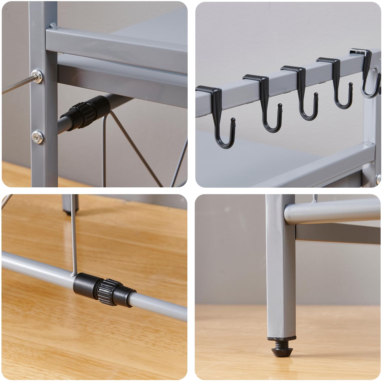 Scaffale espandibile per forno a microonde, organizer telescopico da cucina con 6 ganci, autoportante regolabile, resistente supporto per microonde, per pentole e padelle (grigio a 3 livelli)