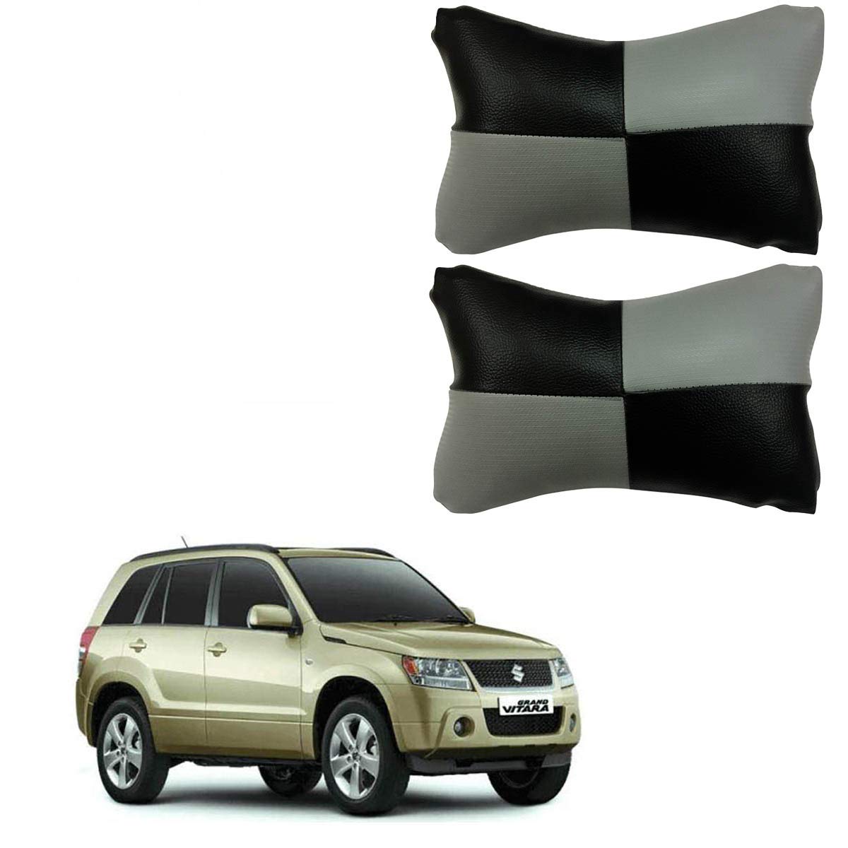 AdroitZ Grey Leathertte Material Neck Rest Cushion in Check Design for Car_247