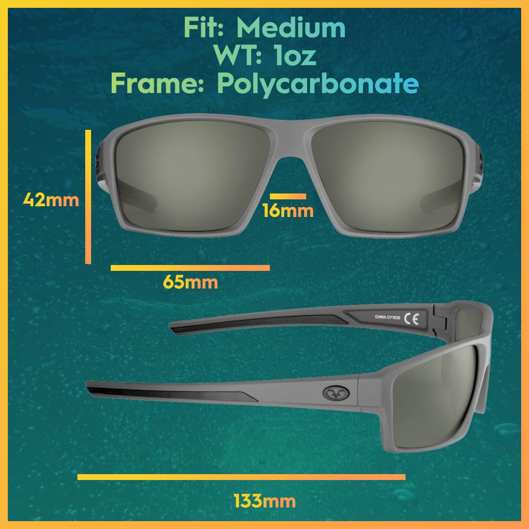 Flying Fisherman Windley - Lentes de sol rectangulares polarizados, marco gris mate/lente ahumado, talla M, Marco gris mate, lente ahumado , Medium