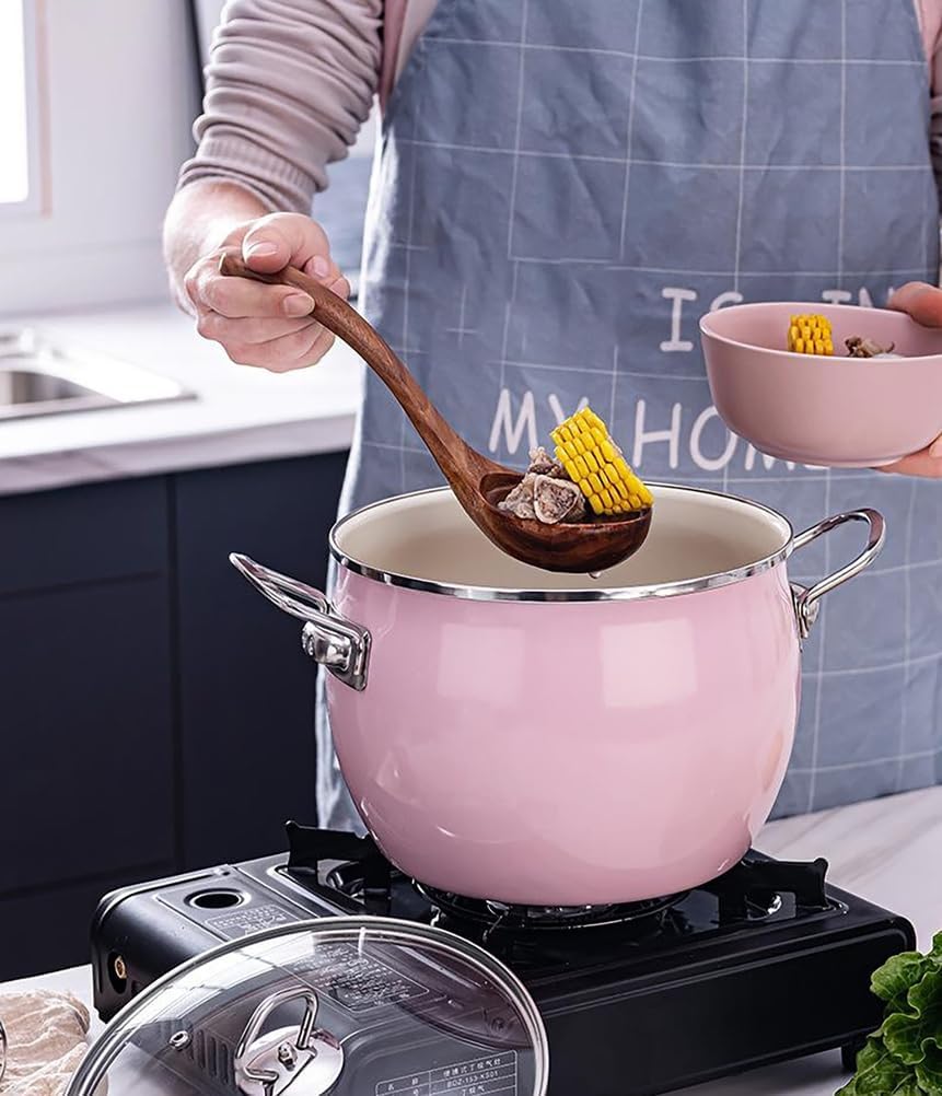 Vintage Enamel Stockpot with Lid Binaural Soup Pot Floral Enamelware Simmer Pot Cooking Pot with Dual Handles for Stovetop, Large Soup Pot Gift for Wedding Housewarming Bridal Shower,Pink