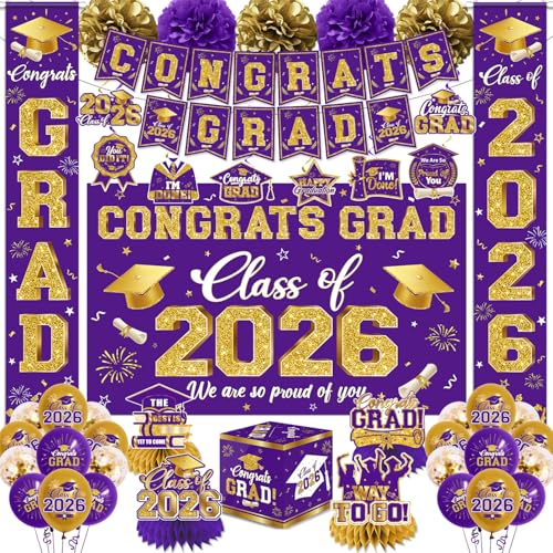 2026 Graduation Decorations - Purple Congrats Grad Party Supplies include Card Box Backdrop Banner and Balloons for Class of 2026 Decorations Set