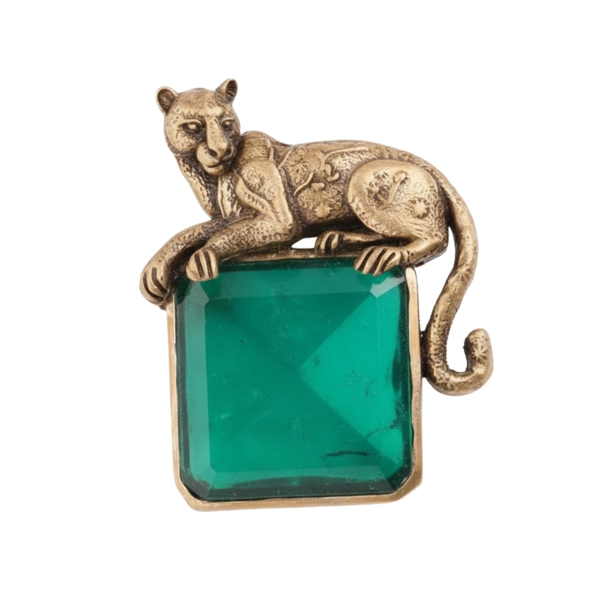 Emerald Throne Panther Brooch - Antique Gold Prowling Leopard Lapel Pin with Large Green Gemstone Accent-image-12