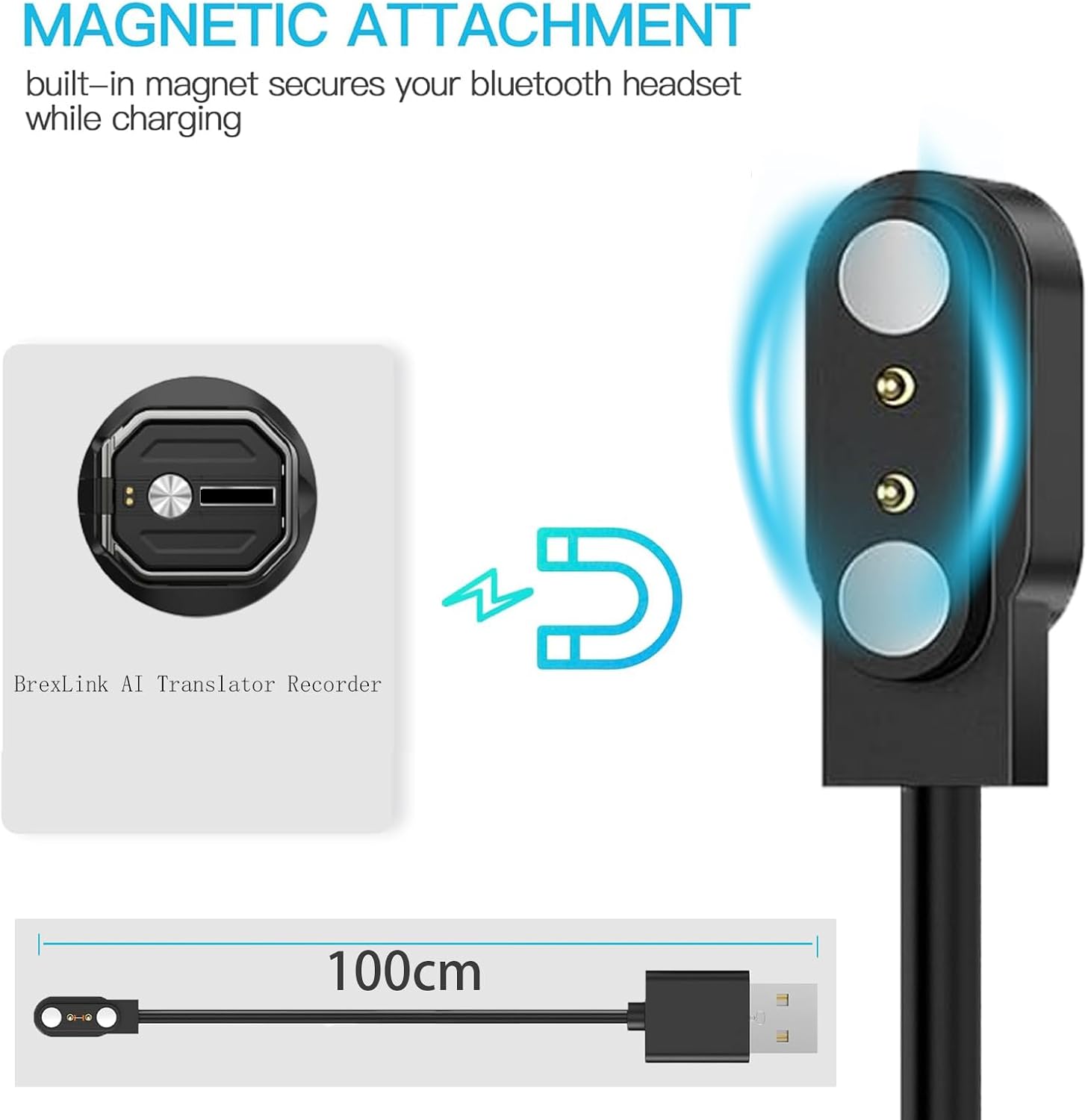 Compatible with BrexLink AI Translator Recorder Charger, Magnetic Replacement Charger Compatible for BrexLink AI Translator Recorder (2 Pack-Black+White)