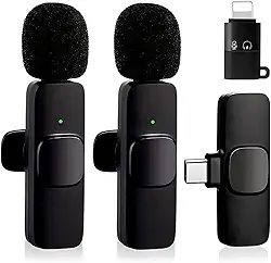 Kit 2 Microfone De Lapela Sem Fio Wireless Usb-C e Lightning Compatível Com Android iPhone Plug Play - Com Cancelamento de Ruído Para Gravação YouTube Entrevista Vídeo TikTok