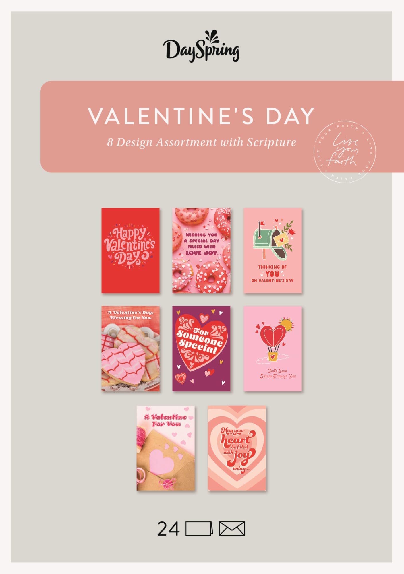 DaySpring - Happy Valentine's Day Card Assortment - 8 Design Assortment with Scripture - 24 Boxed Valentine Cards and Envelopes