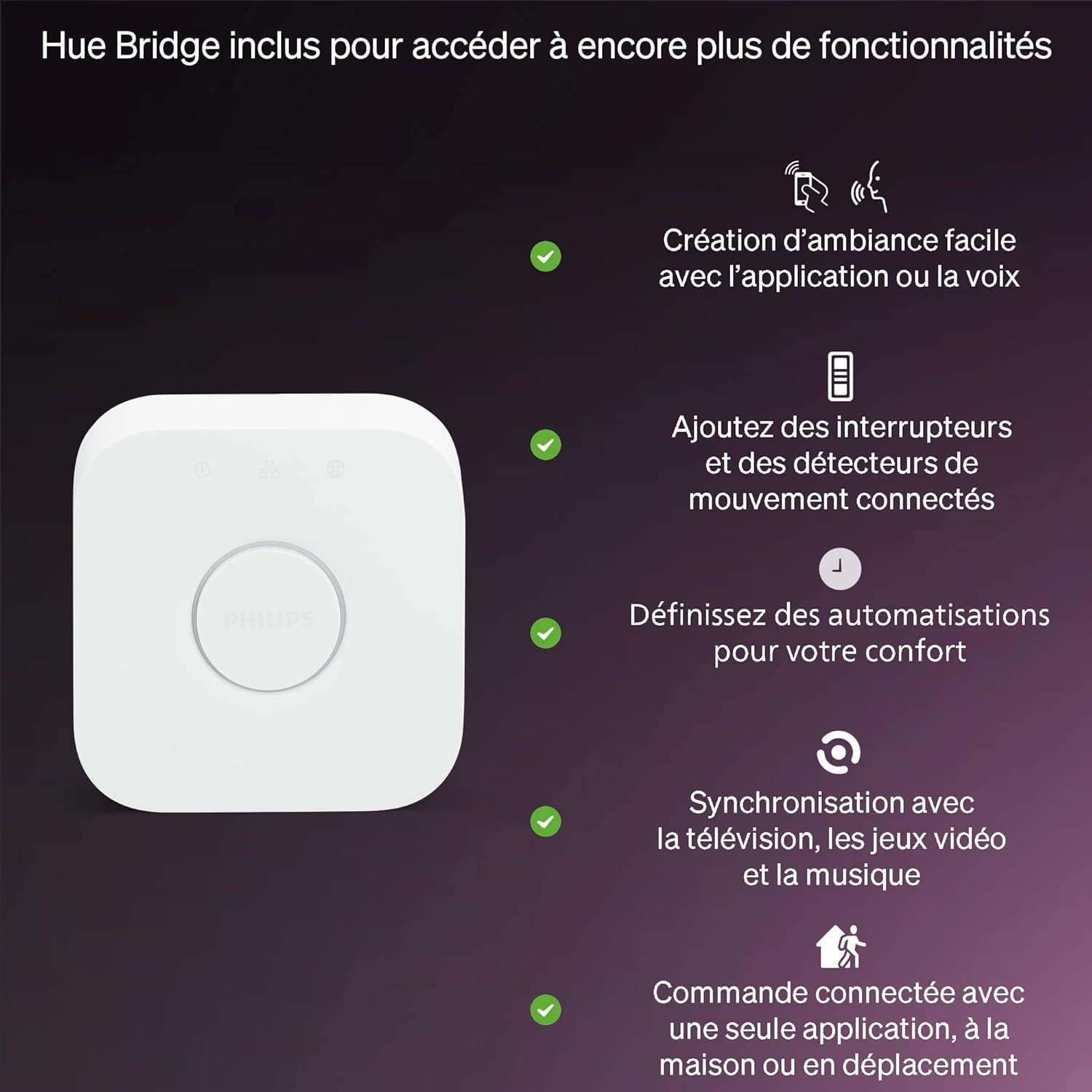 Philips Hue Essential Kit de démarrage avec Bridge + 4 ampoules connectées E27 Essential, White and Color Ambiance, 2200-6500 K, Ampoule Philips Hue compatible Alexa, Google Assistant, Apple Home