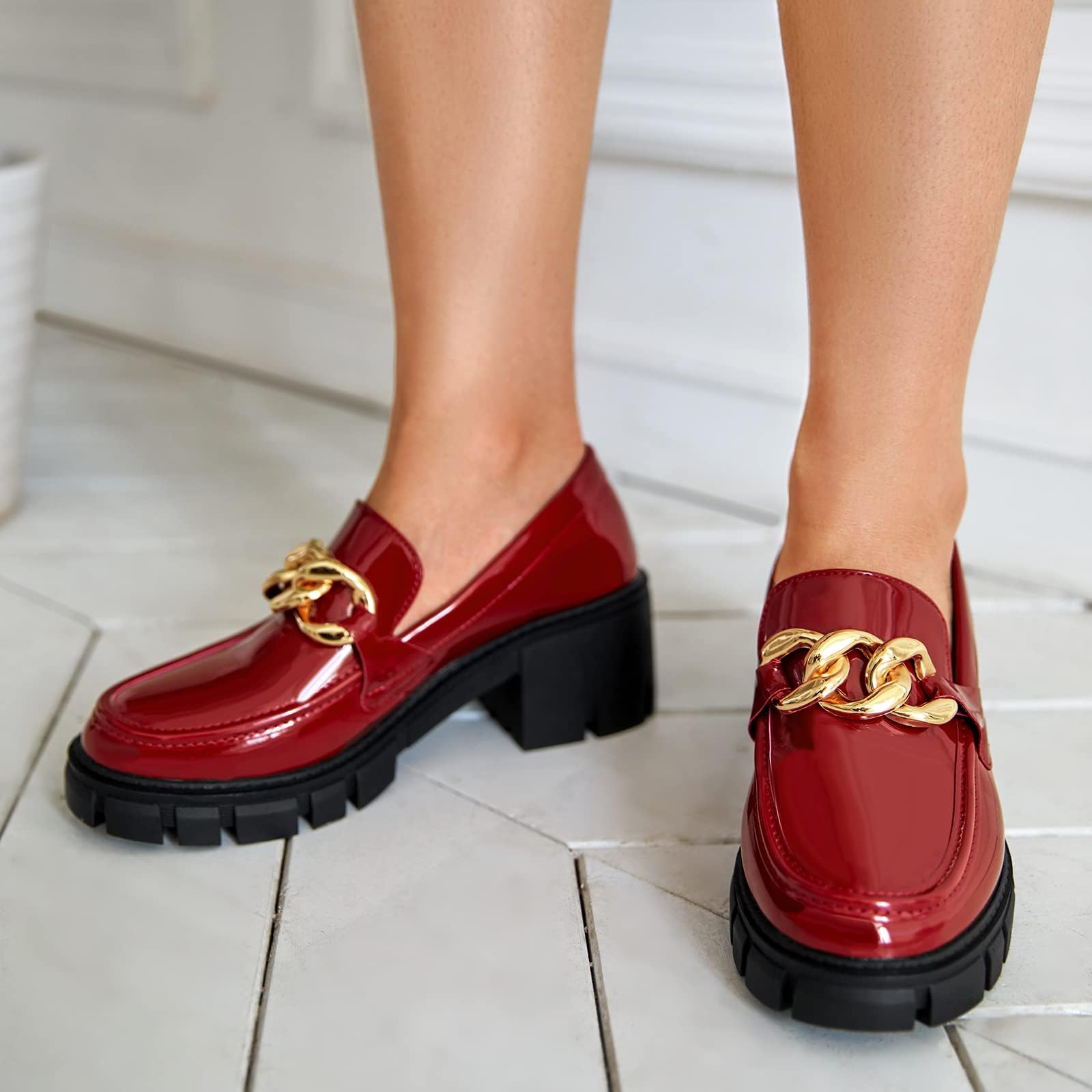 TINSTREE Platform Loafers for Women with Chain Comfort Chunky Heel Slip On Round Toe Business Work Shoes