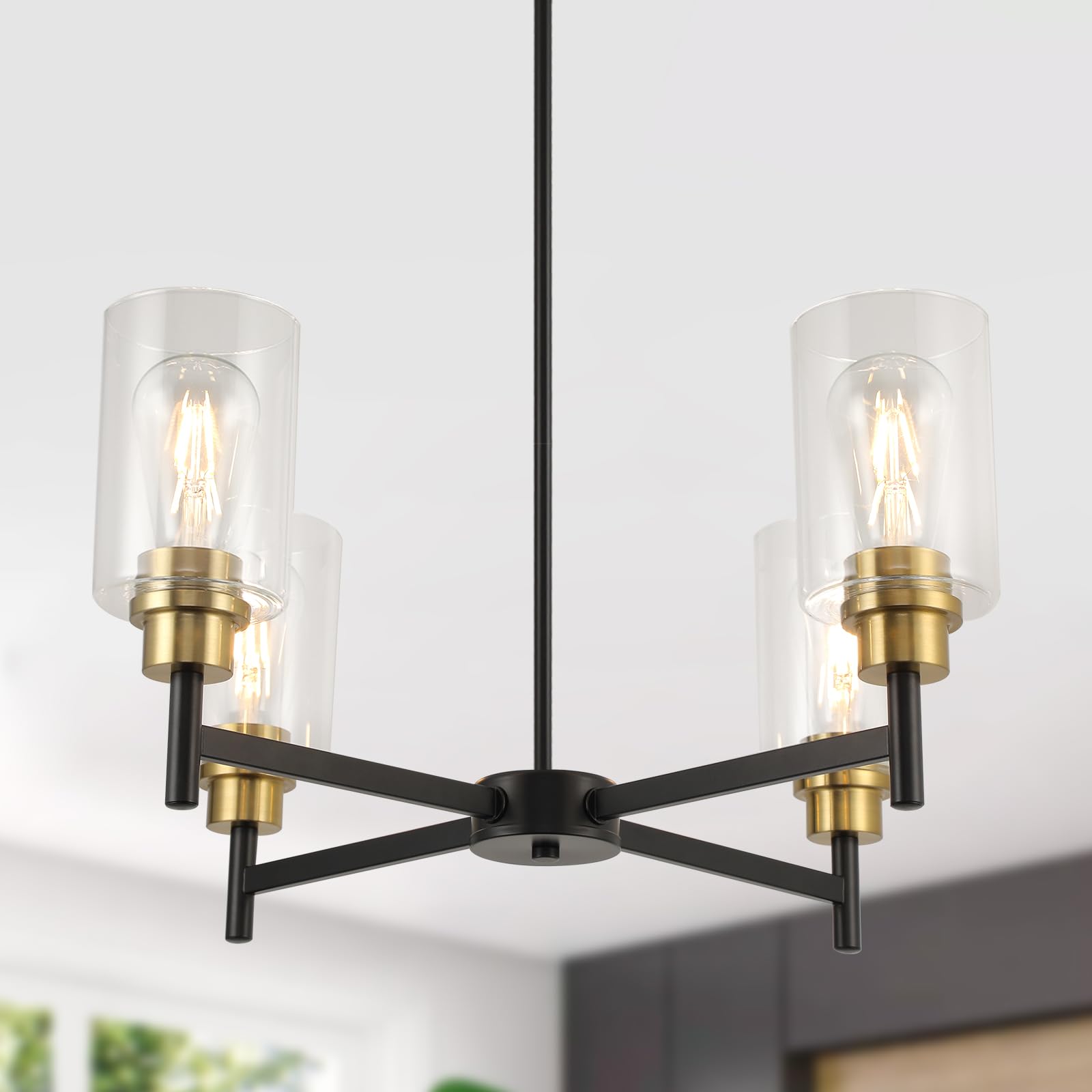 Black Chandelier Fixture with Clear Glass Shades 4 Light Black Chandelier for Farmhouse Dining Room Foyer Hallway Living