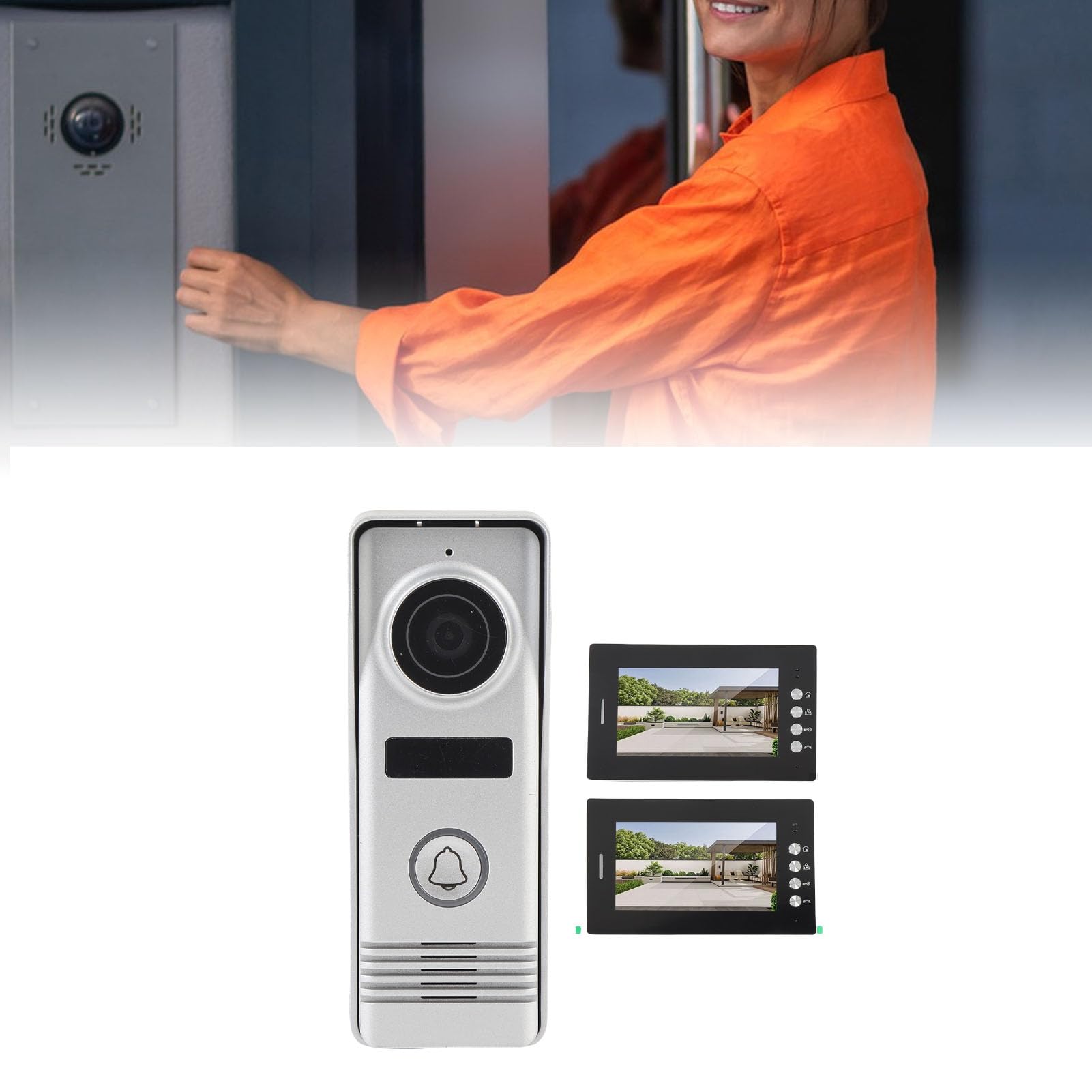 Videocitofono Wireless, Videocitofono Citofono di Sicurezza Domestica, Doppio Schermo HD da 7 Pollici, Doppie unità Interne, Telecamera Grandangolare 120°, Segnale Stabile (Spina europea)