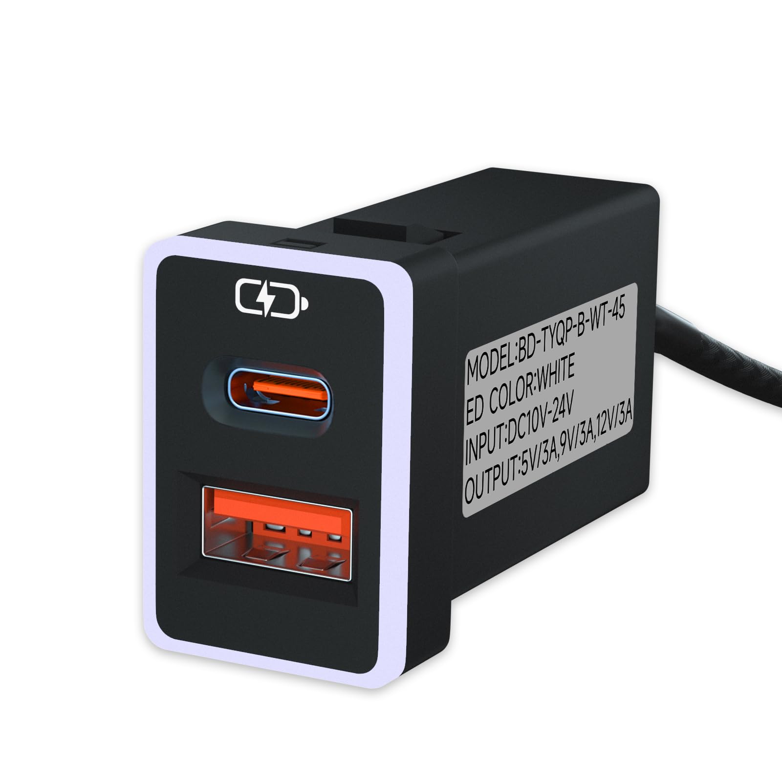 B&DOG XSIN Car Charger PD QC3.0 Fast Charge Type c USB Port Socket Fast Charging with LED Light Show, for Toyota?White-1.3x0.9inch?