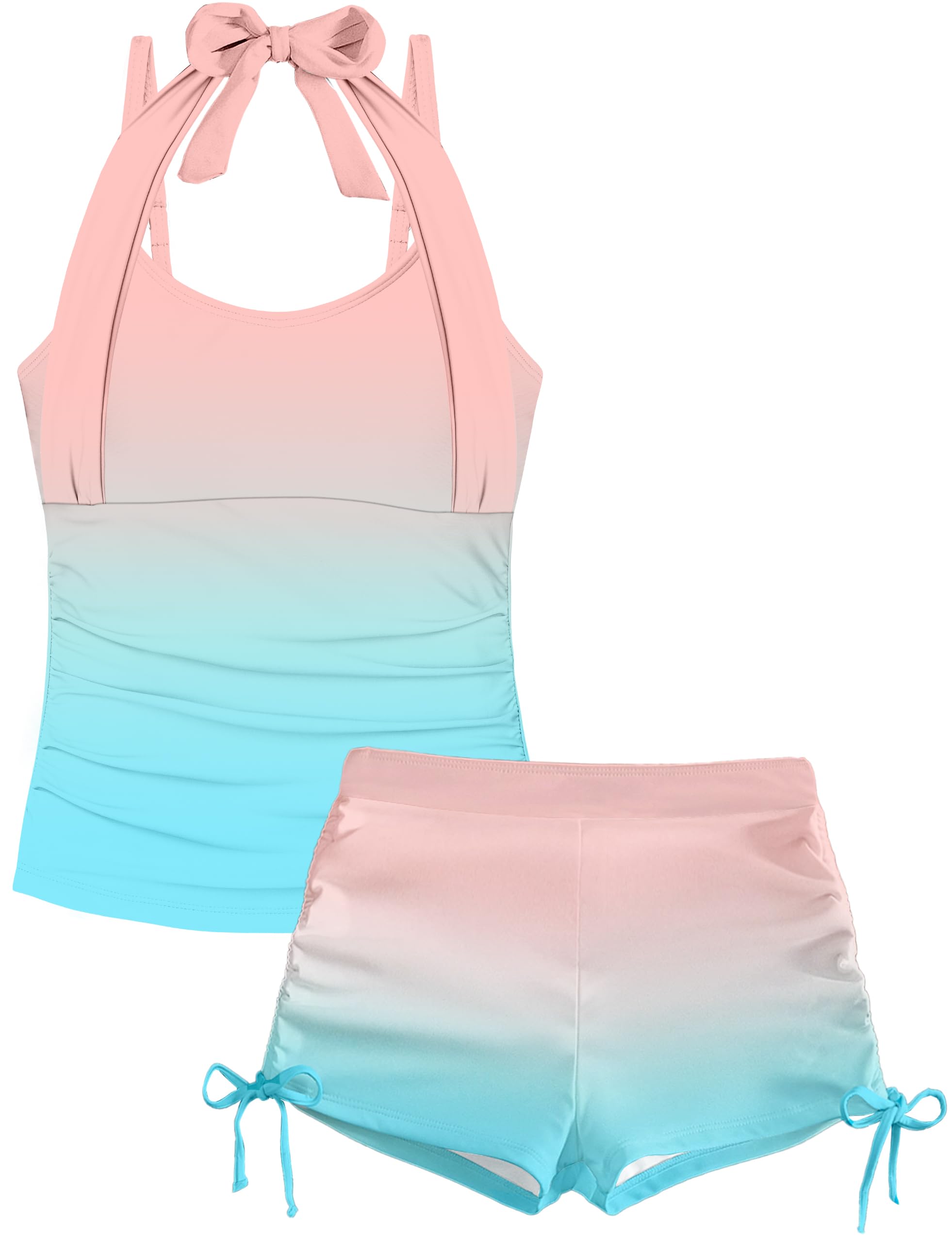 Girls Swimsuit 2 Piece Halterneck Girls Tankini Swimsuit Drawstring Printed Swim Shorts Girl Bathing Suit for 7-18T