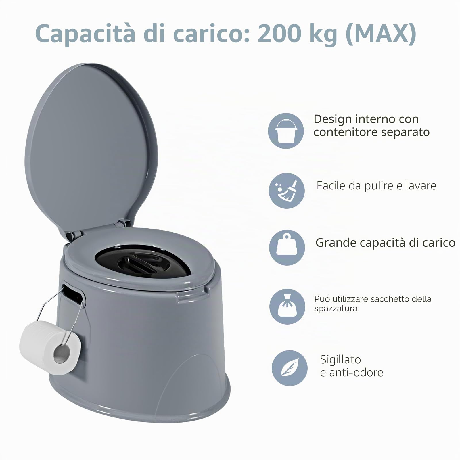 SOARS WC Portatile 5L, 49 X 41 X 34 CM, Toilette con Coperchio Anti-Odore, Secchio Interno Rimovibile, Portarotolo per Carta Igienica, Carico 200 kg, per Campeggio, Viaggi, Escursioni