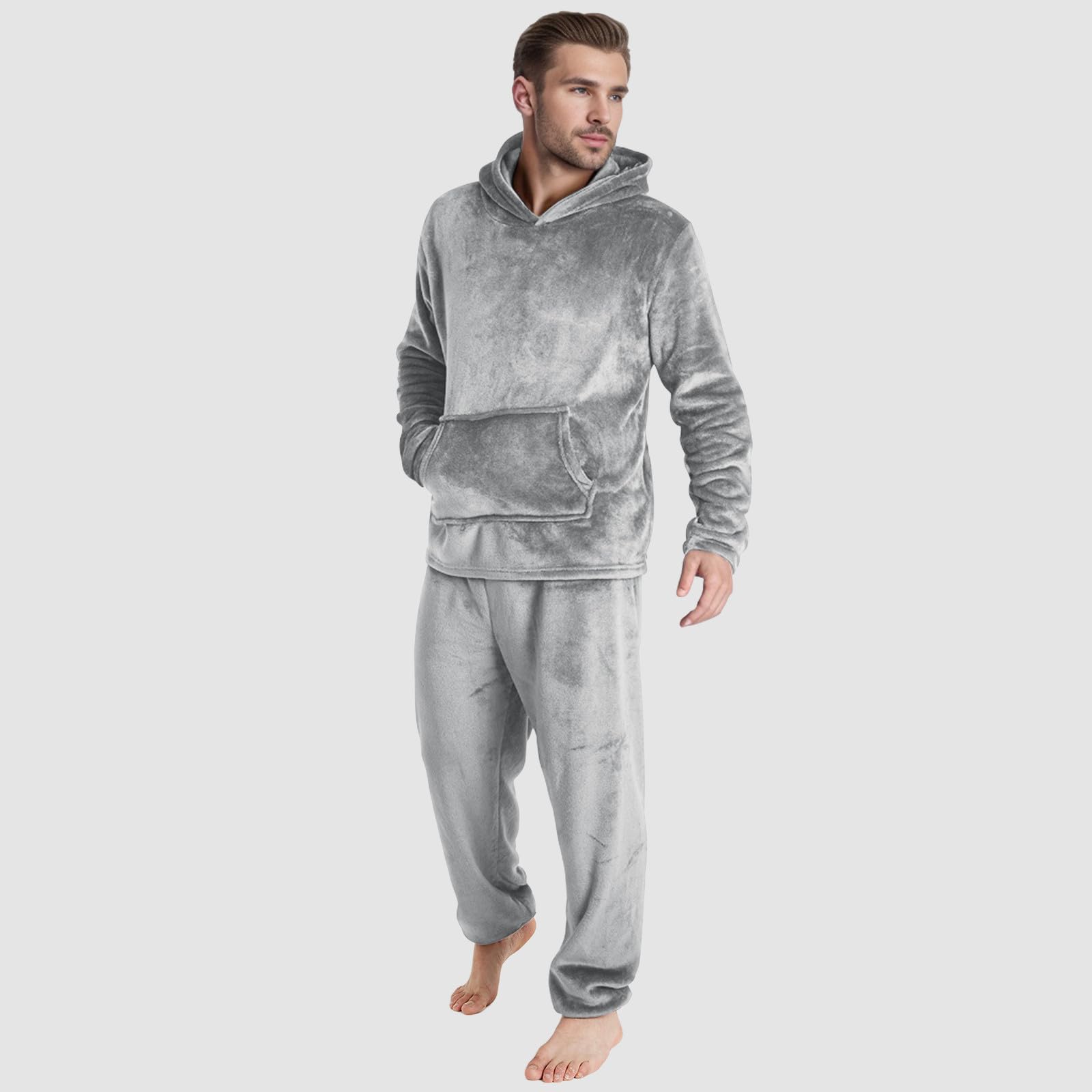 Generisch Pijama largo de franela para hombre, de forro polar, con capucha y pierna ancha, pantalones de casa elásticos, juego de dos piezas, mullido, térmico, con capucha, pantalones de dormir