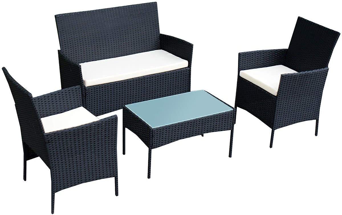 Spacepanda Ogeebry Wicker Sofa Set (2 Seater & 2 Single Seater & 1 Table) in High-Density Polyethylene Wicker & Metal Powder Coated Frame for Outdoor, Garden, Cafeteria (Black)