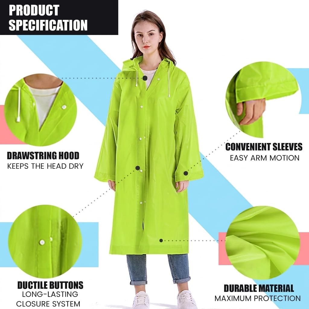Hacer EVA Rain Poncho rain coat for Men & Women, Lightweight Waterproof Raincoat with Hood Adjustable Drawstring & Snap Button Closure Reusable Outdoor Rainwear for Boys & Girls (Free Size-Neon Green) 2
