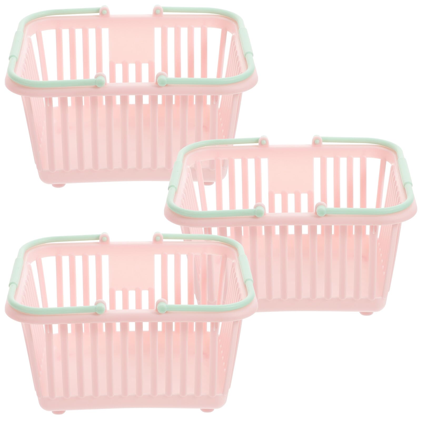 Cestas pequeñas de plástico rosa con asas para evitar juguetes tirados en el baño y jardín