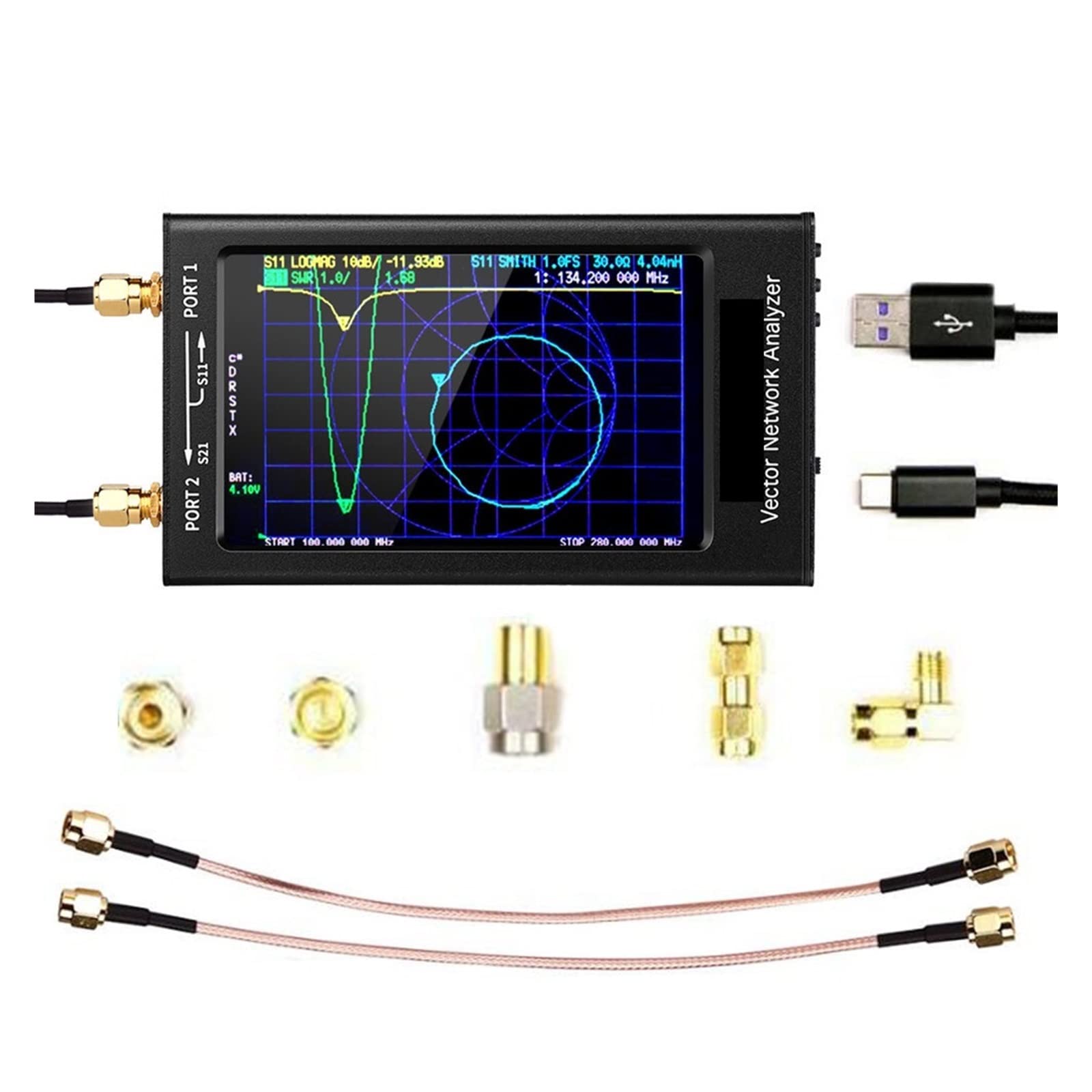Analizador de espectro, VNA-F Analizador de red vectorial con pantalla LCD IPS 4,3 pulgadas versión V3.1 antena onda corta HF VHF UHF(NanoVNA-F)