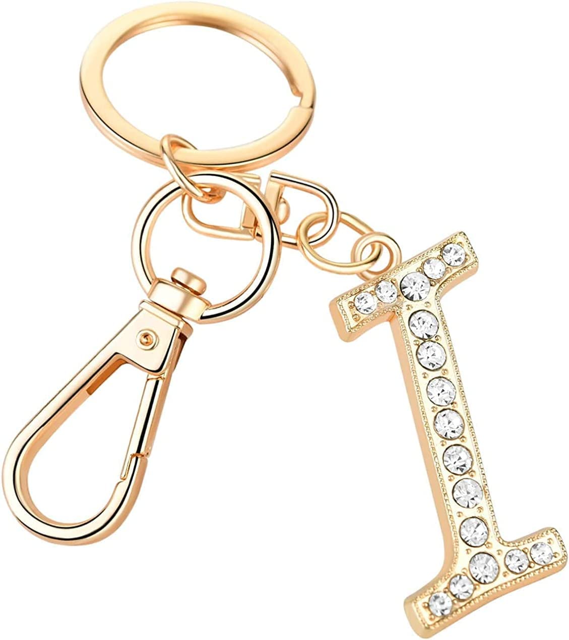 Rohans Womens Gold Plated Alloy Car Key Ring with Crystal Rhinestone Alphabet Initial Letter Keychain (I)