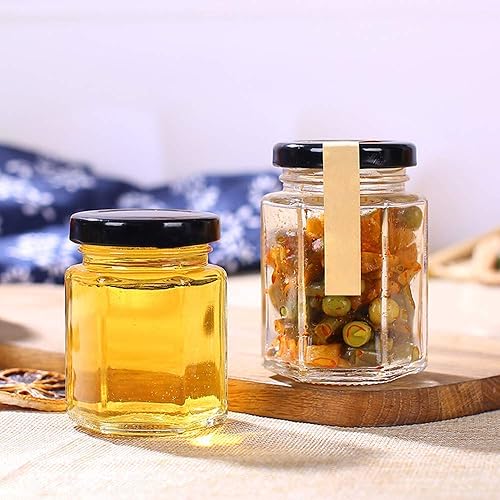 Miniatura 3 de Encheng Tarros hexagonales transparentes de 4 onzas, pequeños tarros de vidrio con tapas (negro), tarros de masón para hierbas, alimentos,