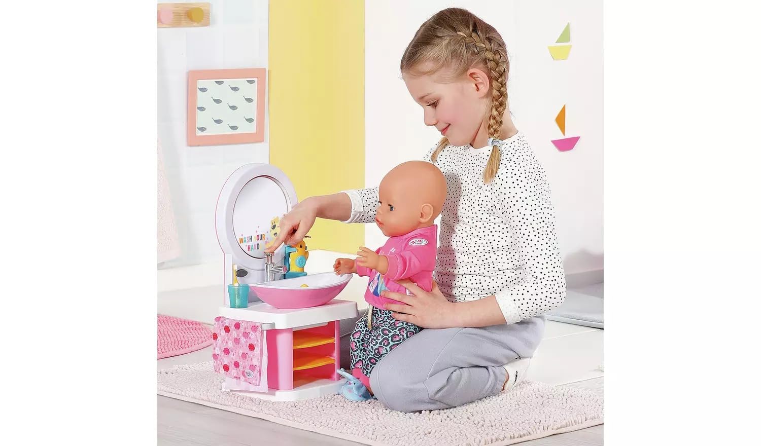 BABY born Umywalka łazienkowa, interaktywna umywalka dla lalek z funkcją oświetlenia i dźwięku, szczoteczka do zębów, kubek do mycia zębów, dozownik mydła i ręcznik, 832707 Zapf Creation