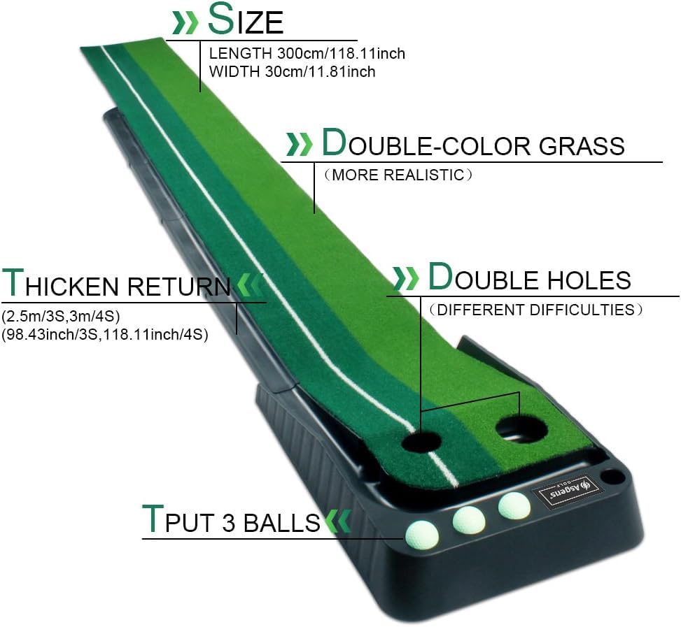 Asgens Golf Putting Green Mat with Auto Ball Return System 2 Holes Golf Game Practice Equipment and Gifts for Home Office Backyard Indoor Outdoor Use - 9.8 Feet with 3 Bonus Balls