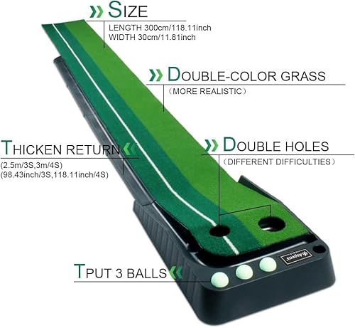 Asgens Golf Putting Trainer (3 Bälle frei), zweifarbige Grasgolfmatte mit kugelverdickter Rücklaufbahn und automatischer Funktion. Übung drinnen und draußen für Anfänger und Amateure