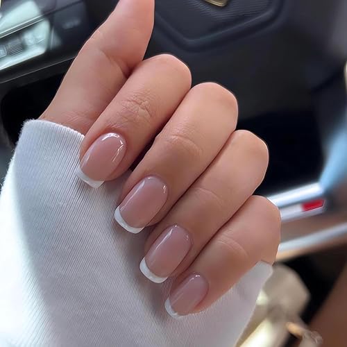Uñas postizas a presión de punta francesa, uñas postizas de color rosa medio, forma cuadrada, puntas de uñas postizas blancas, cobertura completa,