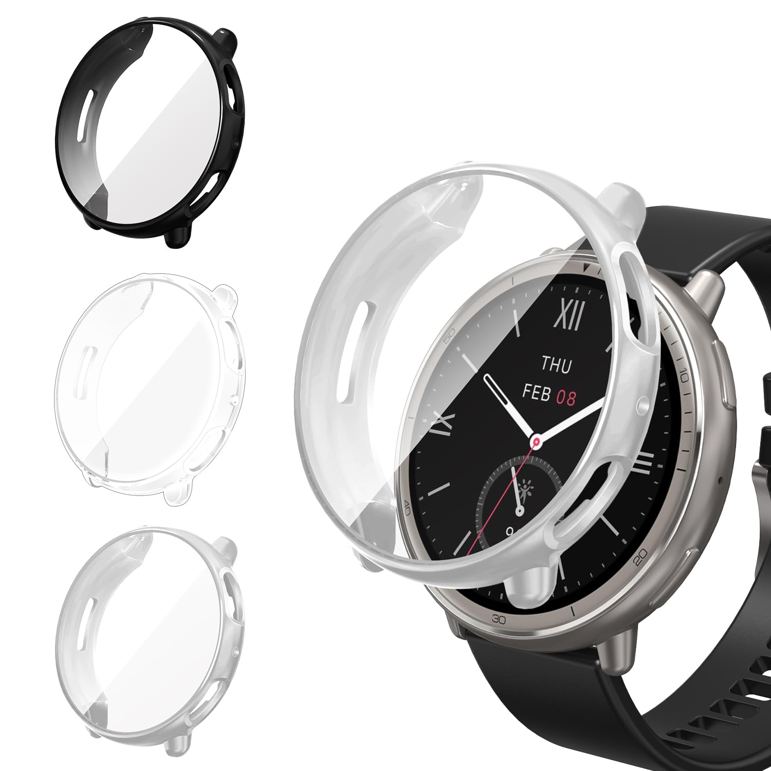 ivoler 3 sztuki etui z folią ochronną do Amazfit Active 2 (Round Edition), pełne pokrycie, odporne na uderzenia i zarysowania, cienkie, miękkie tworzywo TPU, przezroczyste + czarne + srebrne