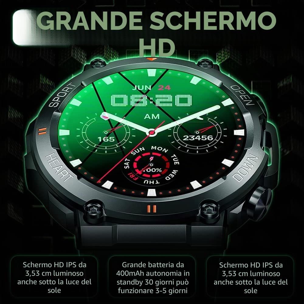 Smartwatch Uomo Orologio Fitness Militari Smart Watch Tracker di attività con Le chiamate Bluetooth,120+ modalità Sport Salute Fitness Tracker, Cronometro per Android iOS（Nero）