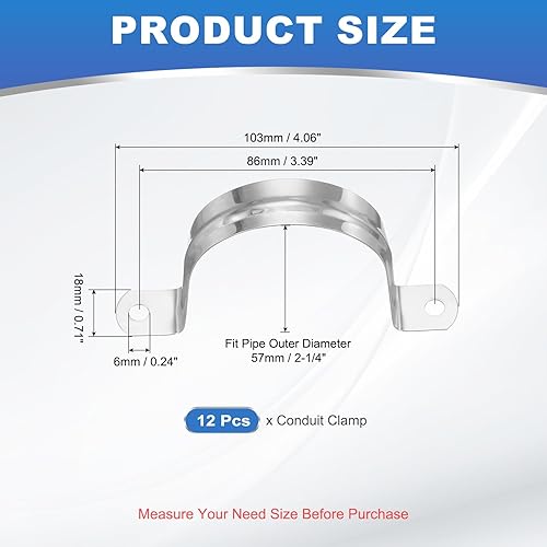 Miniatura 2 de PATIKIL Correa de tubo rígida de 2-14 pulgadas (2.244 in), 12 abrazaderas de conducto de acero inoxidable 304 con 2 agujeros en U, correa de tubo de