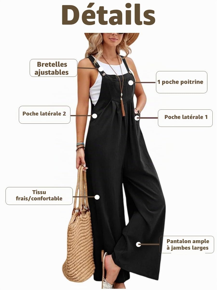 Salopette Femme Jambe Large Combinaison Pantalon Décontracté Avec Poches Ample Taille Réglables et Poches Salopette de Travail Ete Fluide chic Pantalon Large Grande Taille