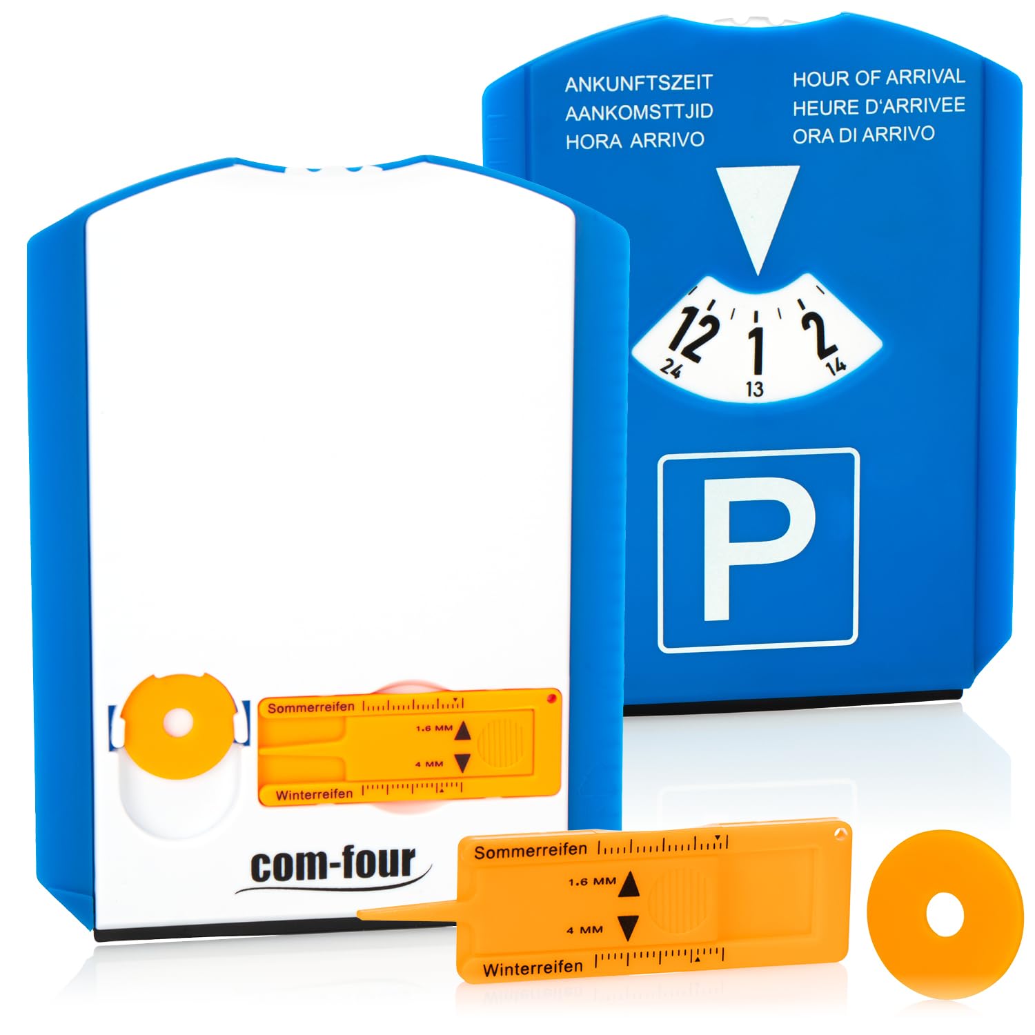 com-four® 2X Disco de Aparcamiento con Raspador de Hielo, Borde de Goma, Chip para Carro de Compra y Medidor Perfil Neumático - Parquímetro de Plástico (02 Piezas - con Chip + Cuchillo perfilado)