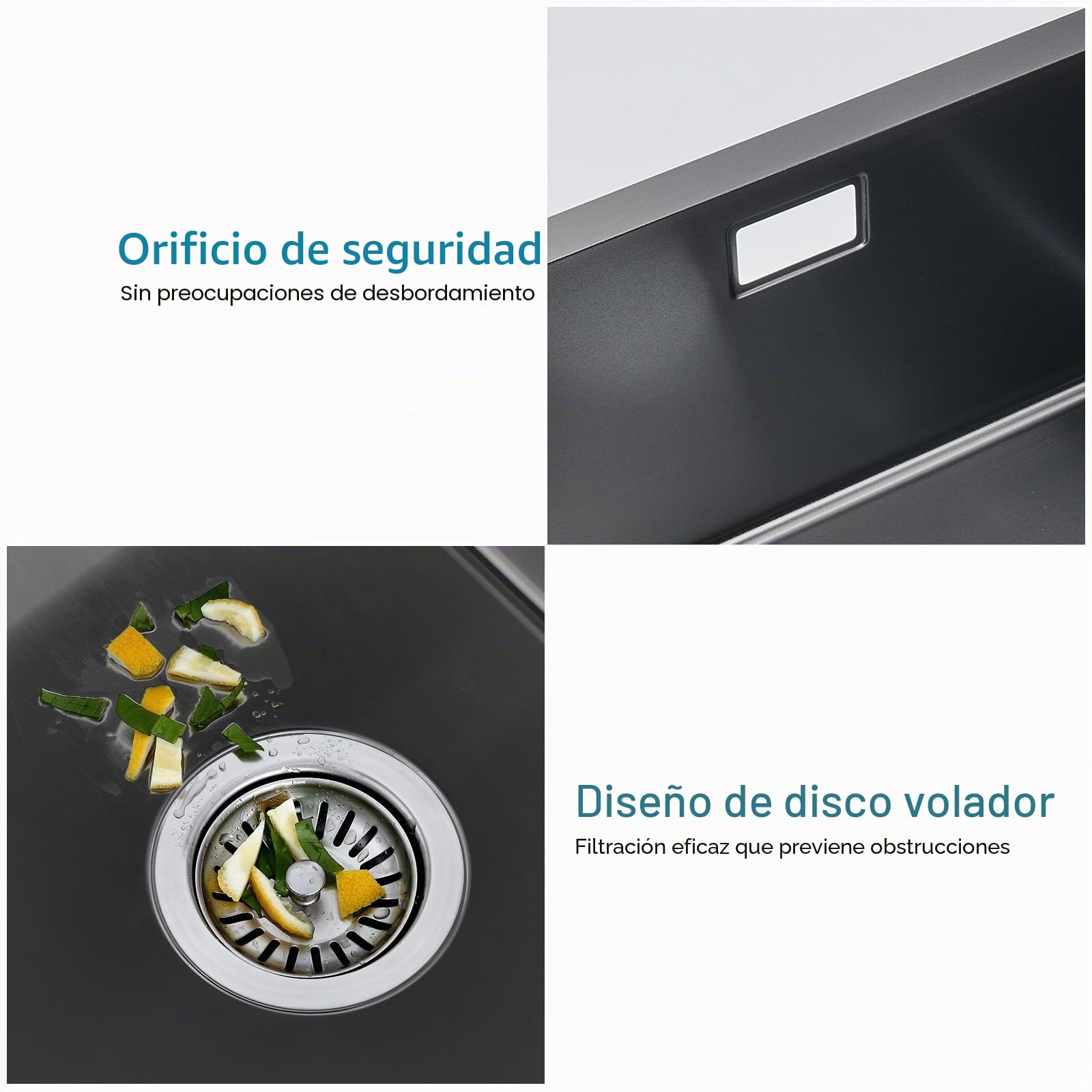 Fregadero de cocina 304 de acero inoxidable 35x40 cm, fregadero bajo encimera pequeño, fregadero de acero inoxidable negro gris con desbordamiento (sin orificio de grifo), fregadero de cocina