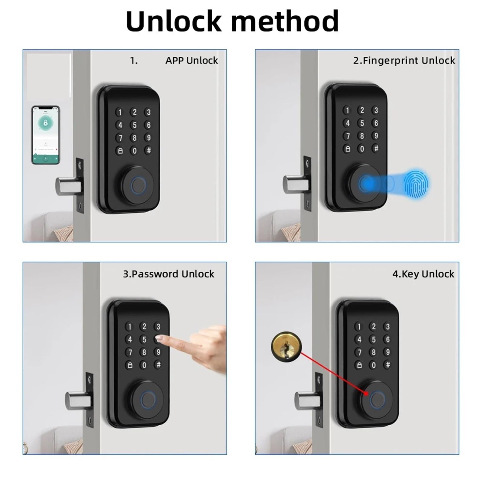 Serratura Smart, Serratura con catenaccio intelligente for impronte digitali con serratura/sensore porta Chiave di blocco automatico/password/sblocco APP,per camere da letto, uffici e hotel