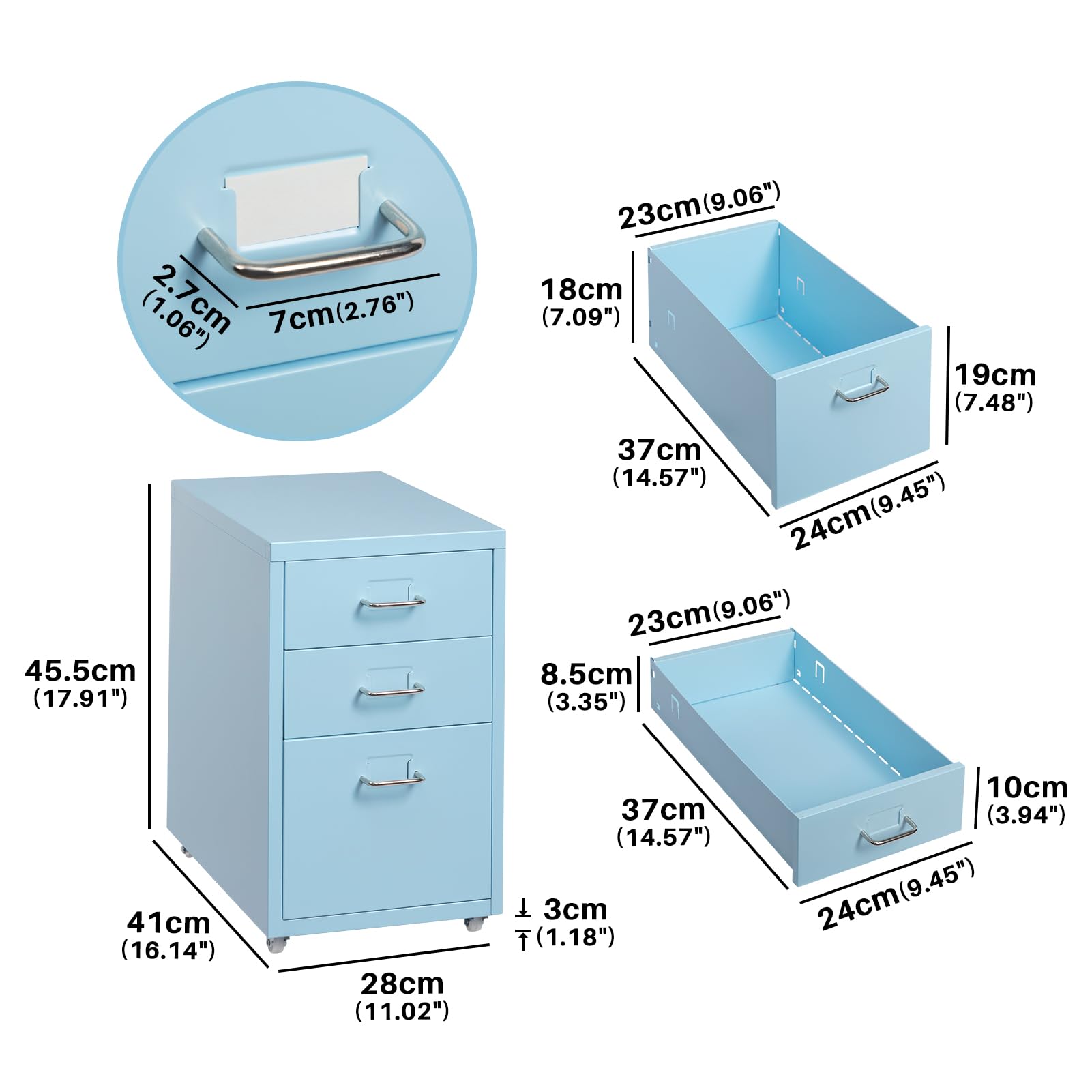 HollyHOME Schedario Mobile a 3 Cassetti, Organizzatore Portadocumenti Sotto Scrivania su Rotelle, Armadietto Portadocumenti in Metallo con Rotelle per Casa e Ufficio, Azzurro