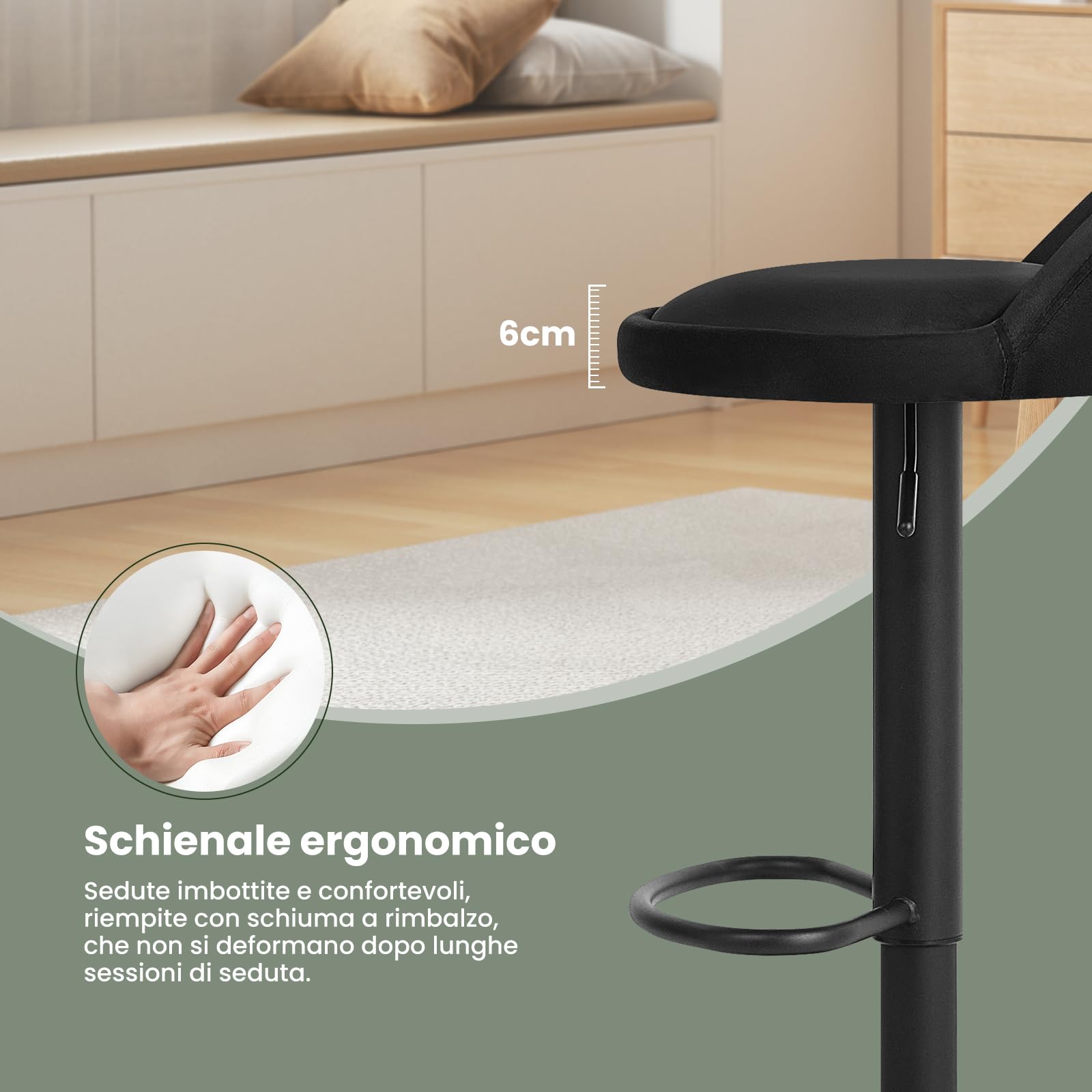 EUGAD Sgabelli da Cucina in Velluto con Poggiapiedi Sgabelli da Bar Moderni per Bancone Penisola Sedie Alte Girevoli Altezza Seduta Regolabile 62-84cm, Nero 2 Pezzi 0824BY-2