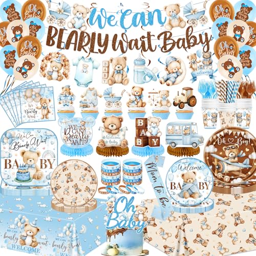 Blue Bear Baby Shower Decorations for Boy We Can Bearly Wait Baby Shower Plates and Napkins Tablecloth Banner Toppers Bracelets Sash Honeycombs Balloons for Boy Baby Shower Party Supplies Serve 26