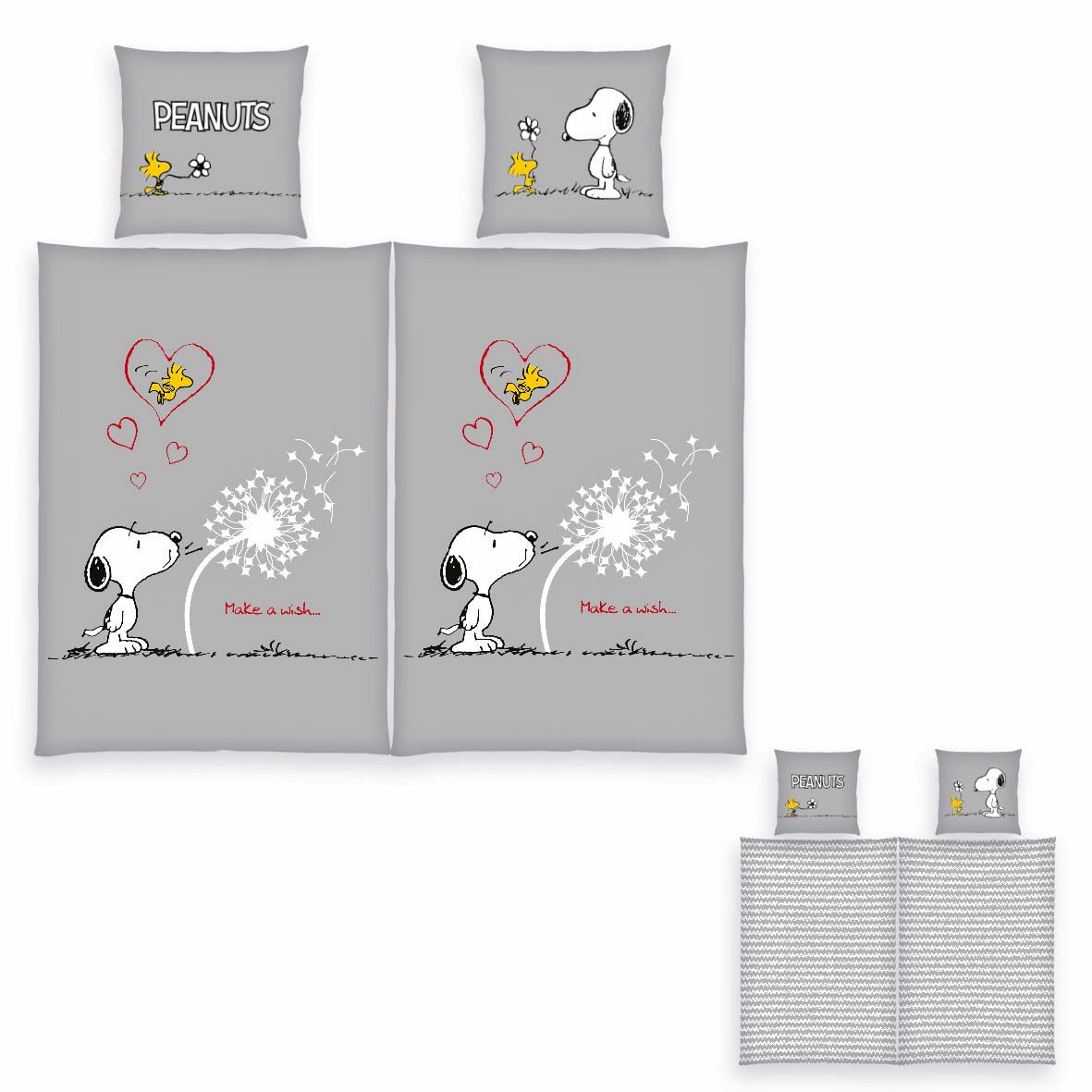 Peanuts Partner Bettwäsche Snoopy 4-teilig Doppelpack 80x80 + 135x200cm 100% Baumwolle mit Reißverschluss