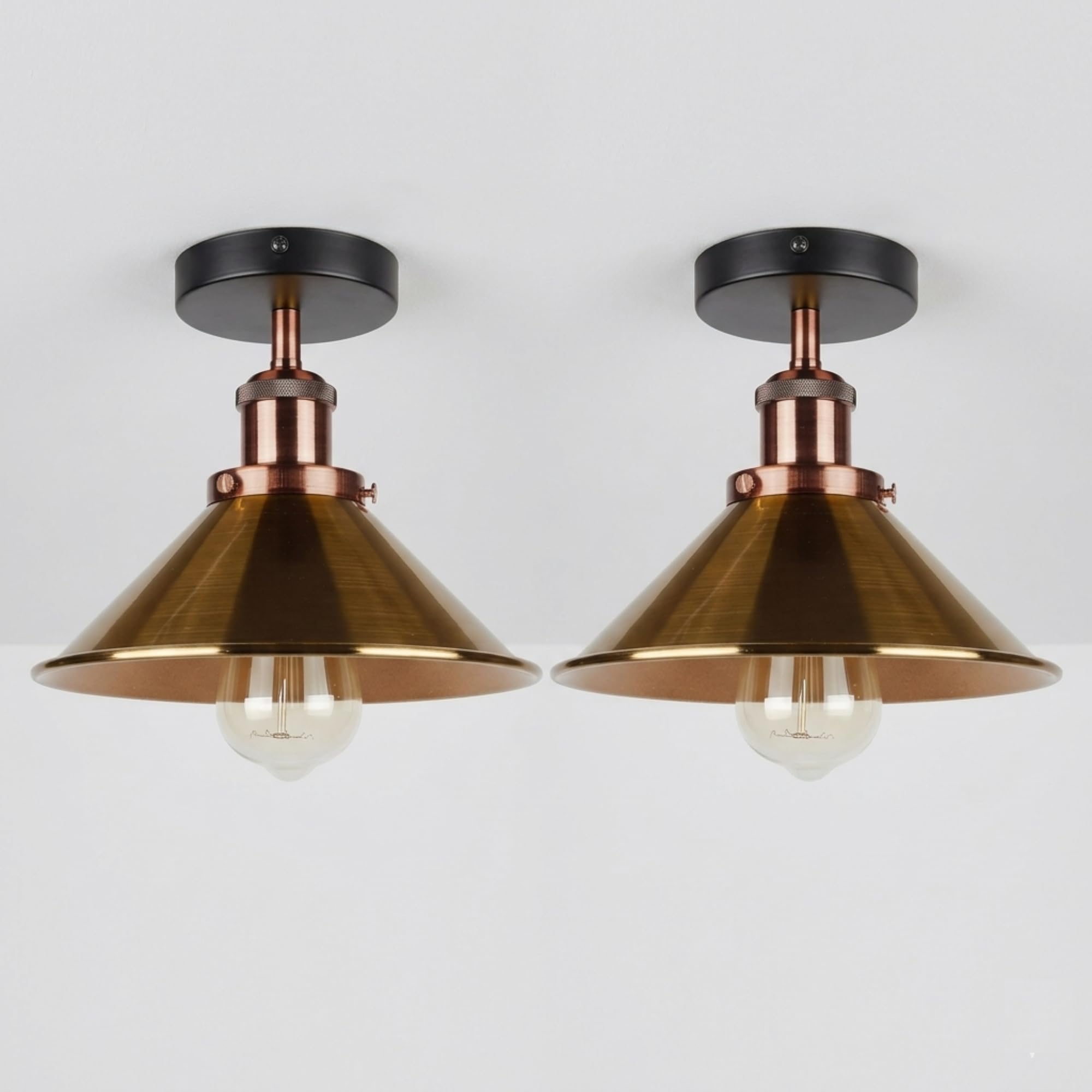 DC VOLTAGE Pack of 2 Vintage Flush Mount Lighting Metal E27 Fitting 22cm Yellow Brass Cone Lampshade Indoor Ceiling Lights for Bedroom Kitchen Hallway No Bulb