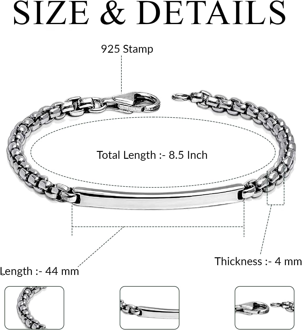 LeCalla Solid 925 Sterling Silver Men's Box Chain ID Bracelet | Italian Square Rolo Link Round Box Chain ID Bracelet for Men | Men's Silver Jewelry Bracelets, Made in Italy (7.5, 8, 8.5, 9 Inches) - Image 5