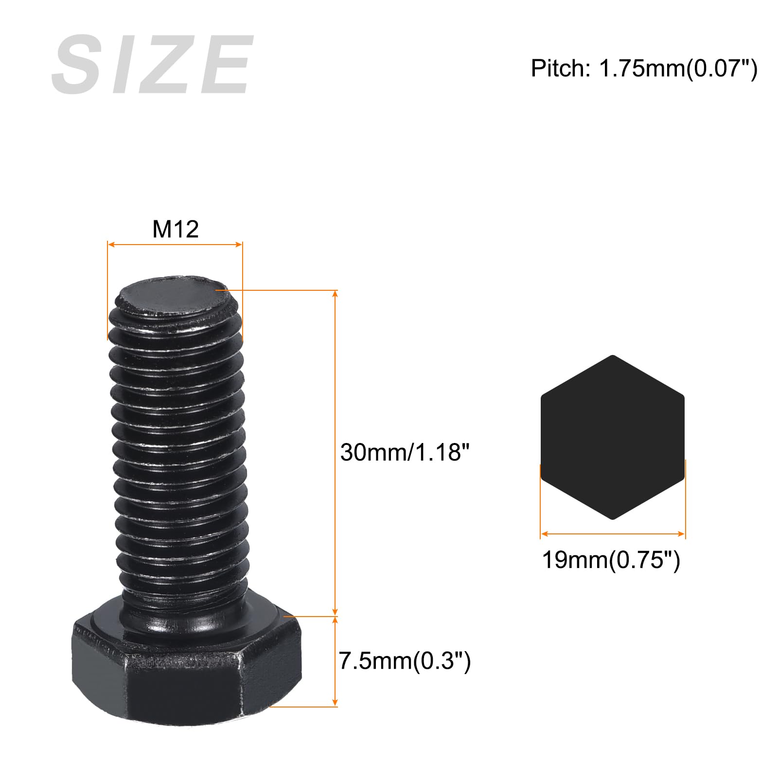 METALLIXITY Hex Bolts (M12-1.75x30mm) 5Pcs, 8.8 Grade Carbon Steel Fully Threaded Black Oxide, Coarse Thread UNC Hex Head Screw Bolt - for Furniture Repair - Image 2