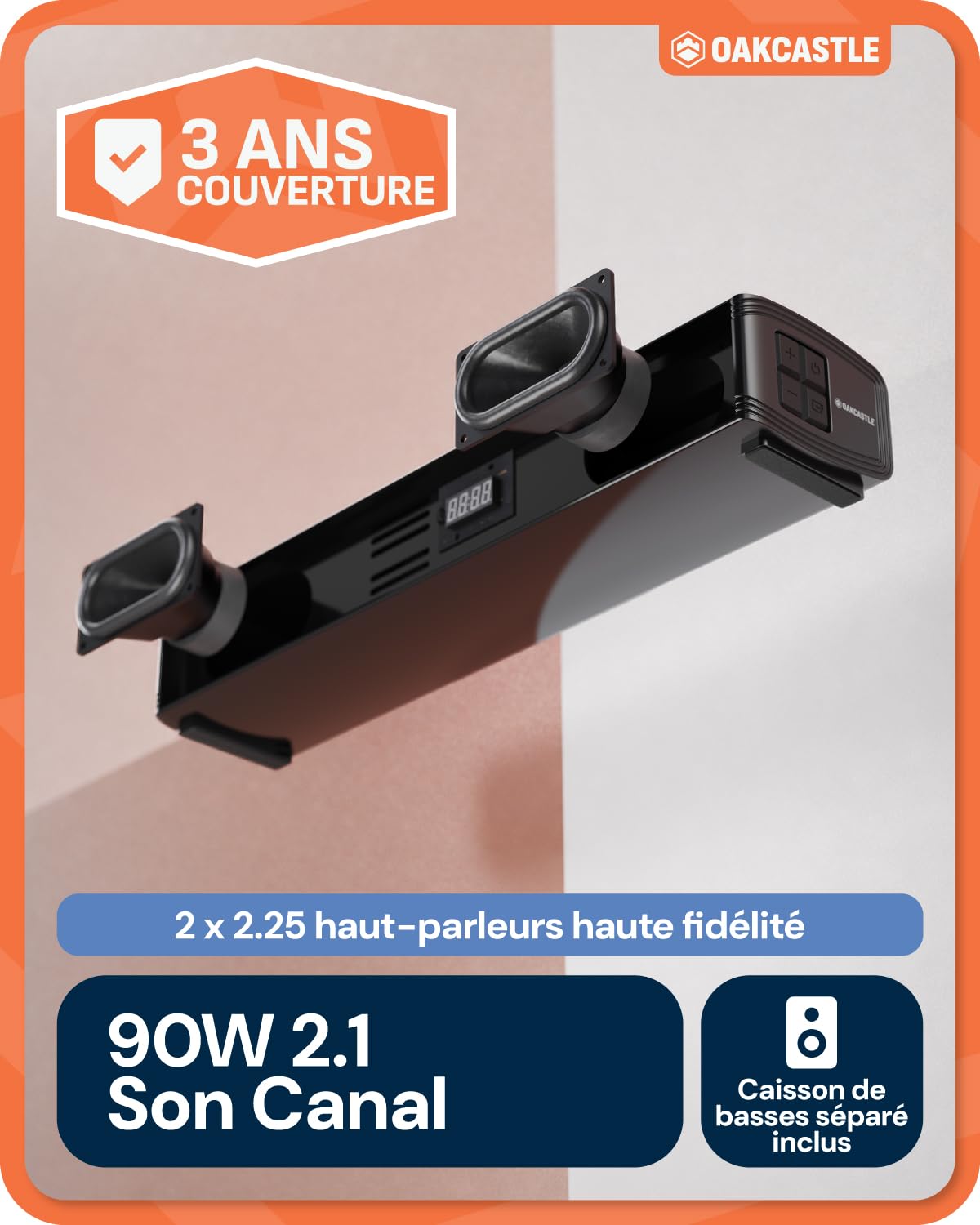 Oakcastle Barre de Son TV 2.1, Soundbar, Caisson de Basses 90W SB40 Xtra | HDMI Arc AUX Optique USB | Télécommande Kit Mural PC Téléviseur