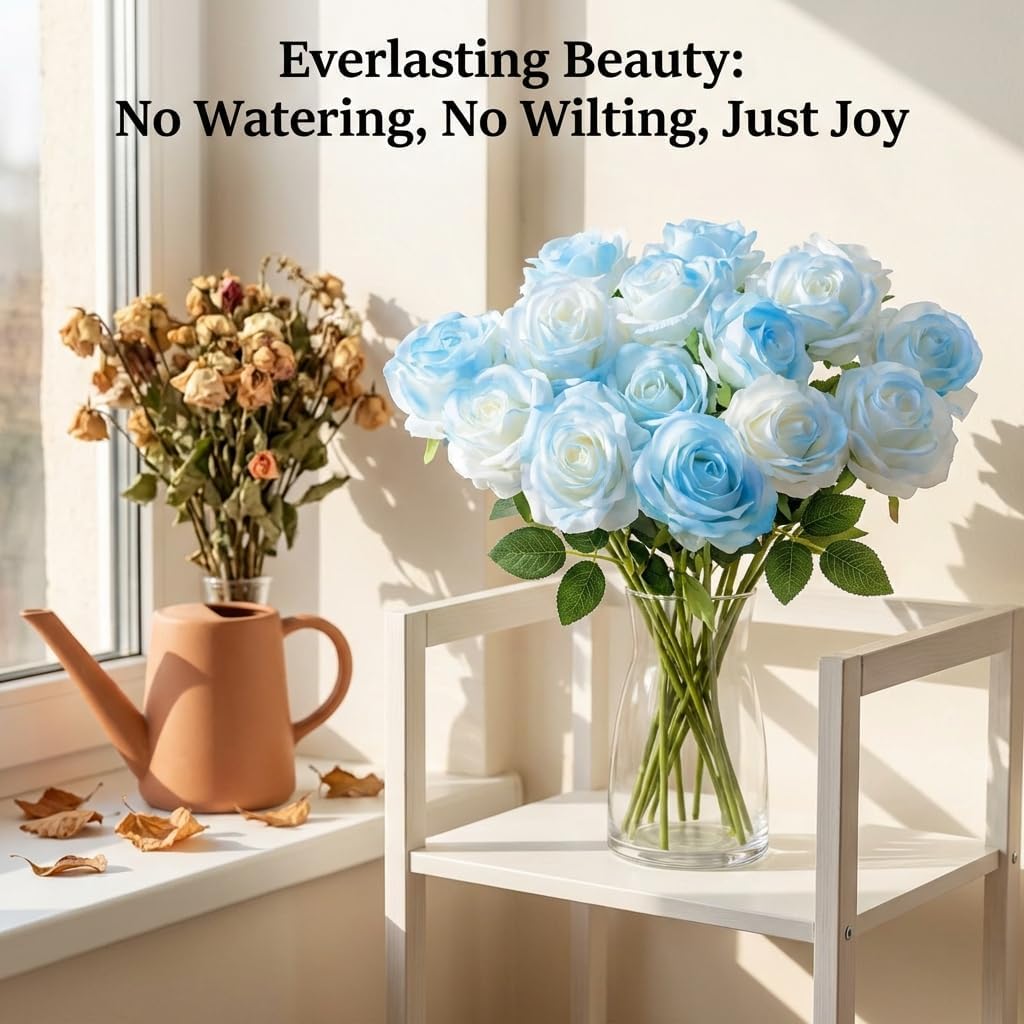 Ice Blue Artificial Roses Fake Flowers Not Bend The Peduncle with Stems for DIY Wedding Bouquets Bridal Shower Centerpieces Arrangements Tables Decorations 12pcs - Image 4