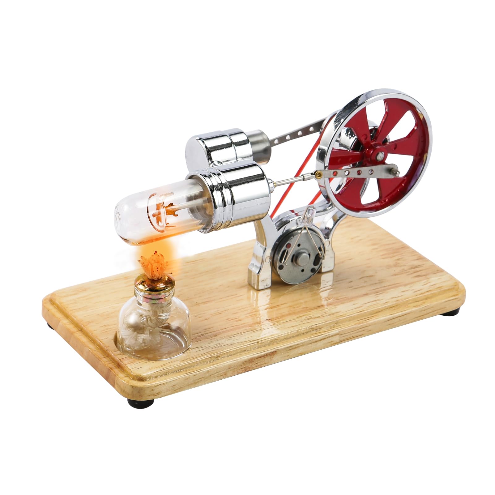 Moteur Stirling Machine à Vapeur avec Plaque de Base en Chêne et Lumières LED Argent